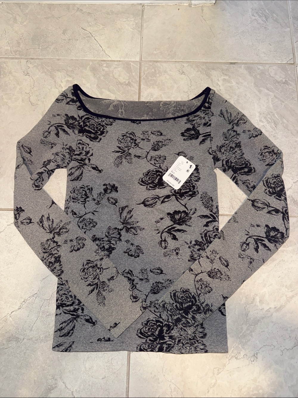 Free People Navy Blue/Gray Floral Long Sleeve Tee